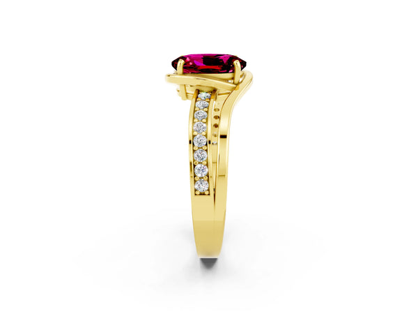 Yellow gold Oval Cut Garnet Solitaire Ring with Split Shank and Prong Setting