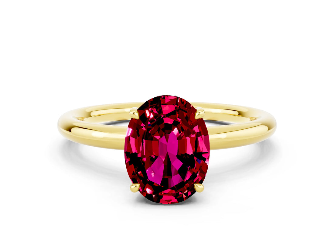 Yellow gold Oval Cut Garnet Solitaire Ring with Thin Band and Four-Prong Setting_12