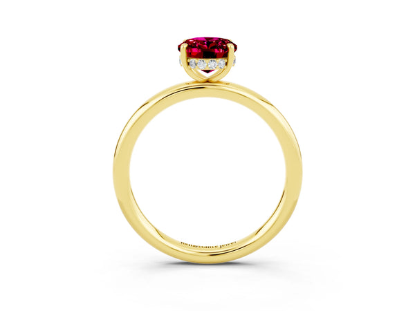 Yellow gold Oval Cut Garnet Solitaire Ring with Thin Band and Four-Prong Setting