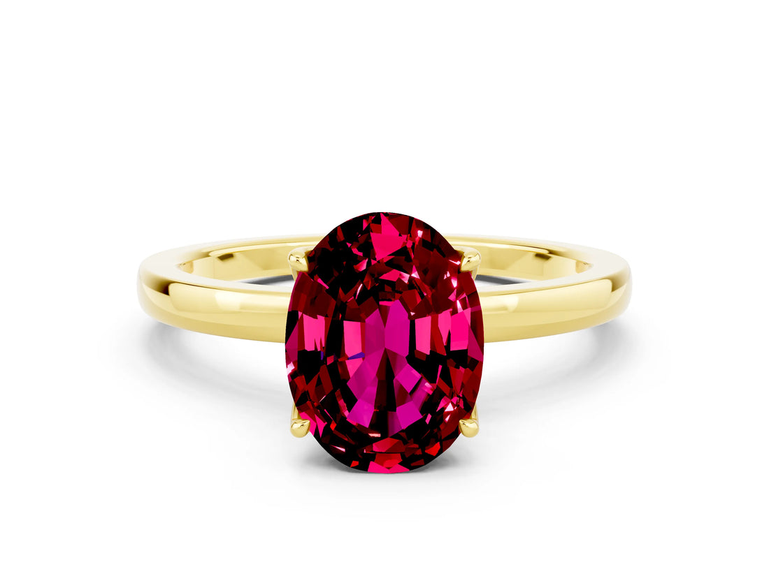Yellow gold Oval Cut Garnet Solitaire Ring with Thin Band and Prong Setting_12