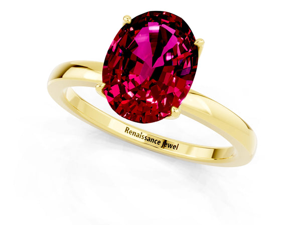 Yellow gold Oval Cut Garnet Solitaire Ring with Thin Band and Prong Setting