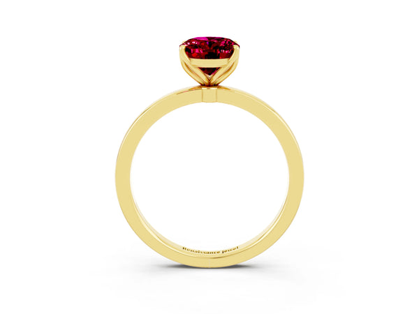Yellow gold Oval Cut Garnet Solitaire Ring with Thin Band and Prong Setting