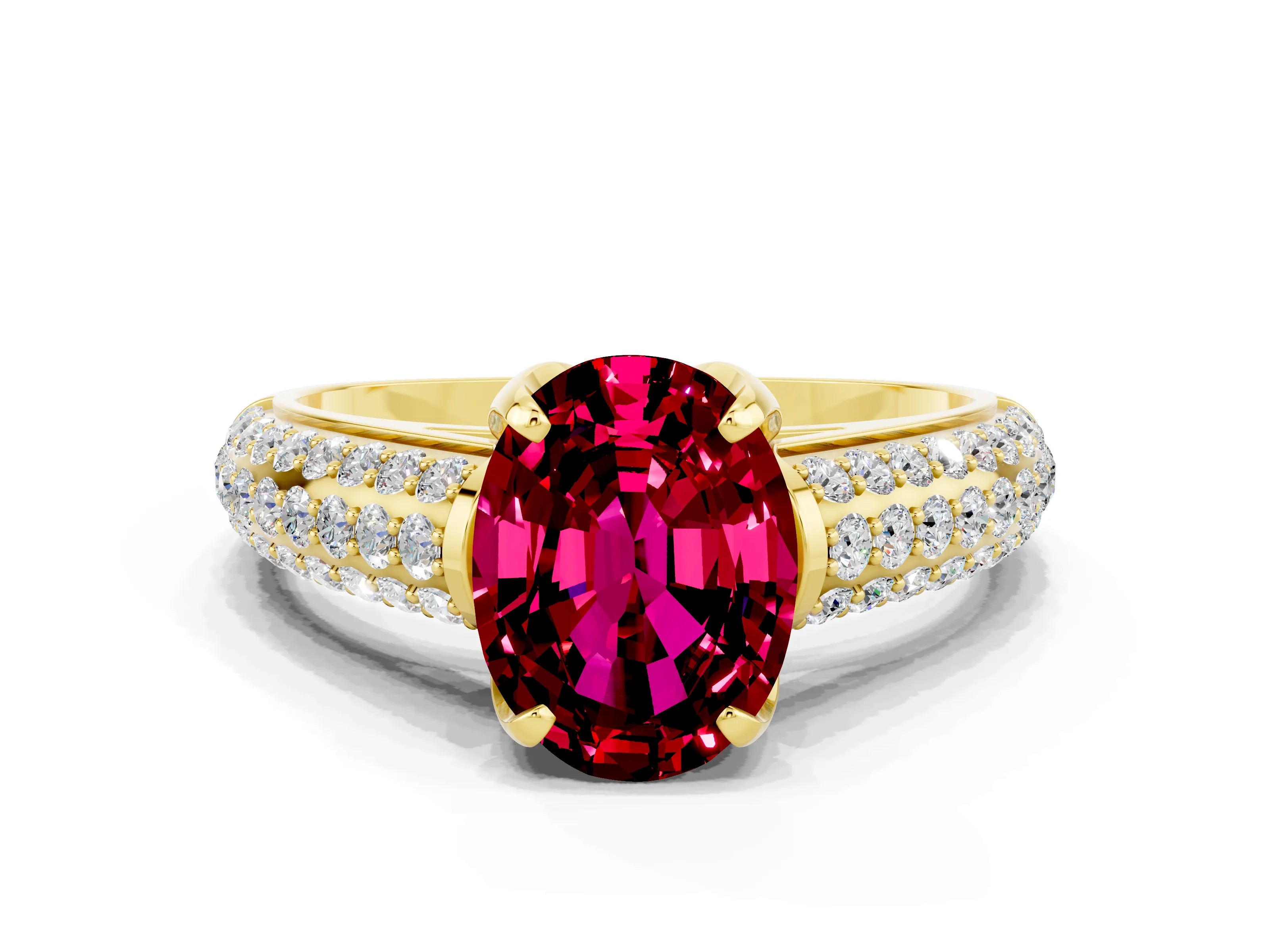 Yellow gold Oval Cut Garnet Solitaire Ring with Three-Row Pavé Band and Four-Prong Setting_12