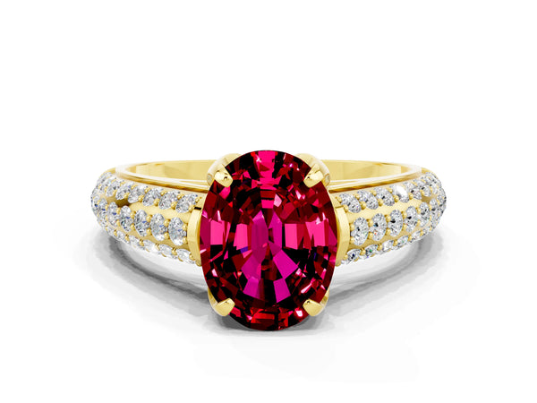 Yellow gold Oval Cut Garnet Solitaire Ring with Three-Row Pavé Band and Four-Prong Setting