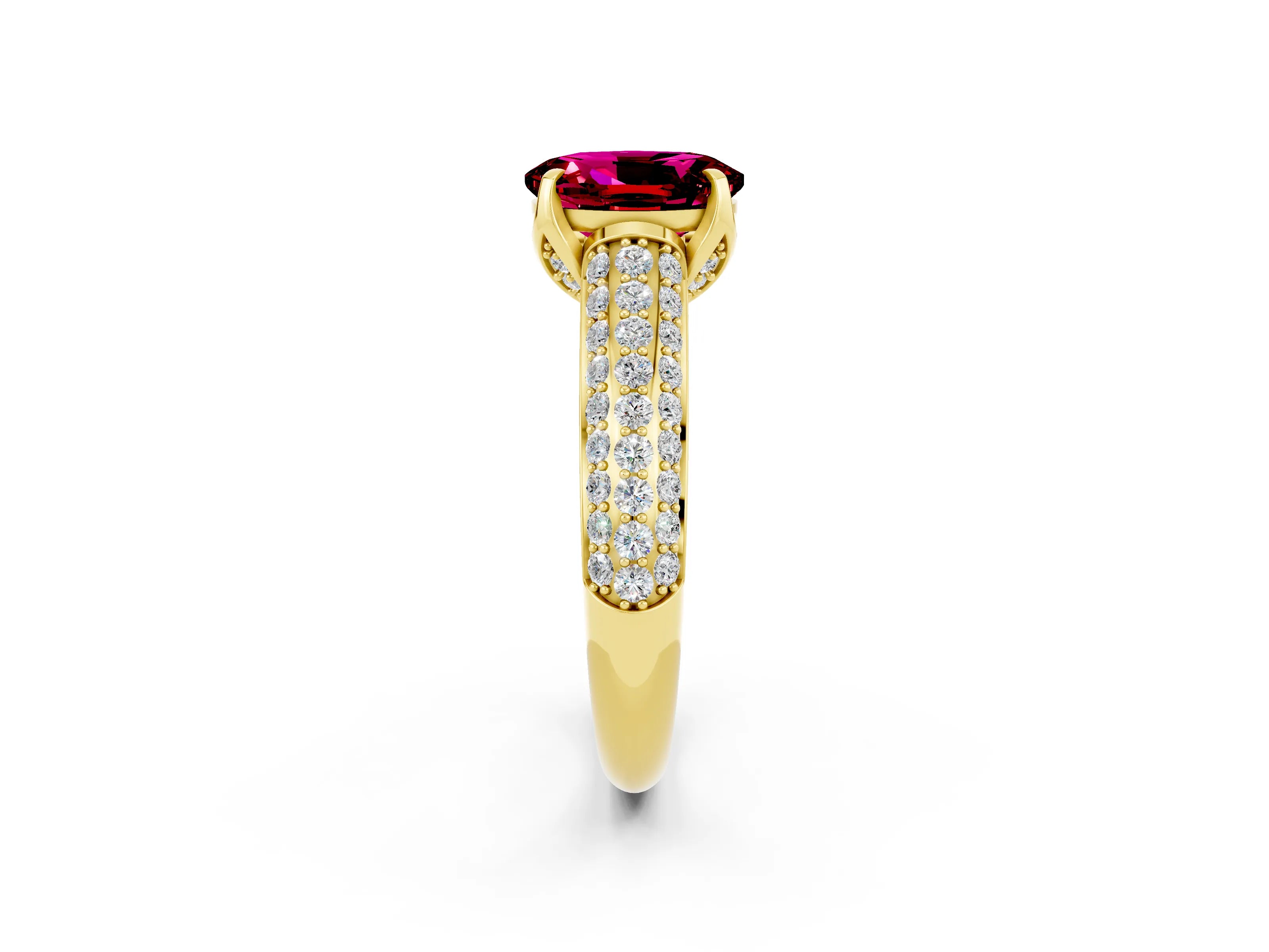 Yellow gold Oval Cut Garnet Solitaire Ring with Three-Row Pavé Band and Four-Prong Setting_14