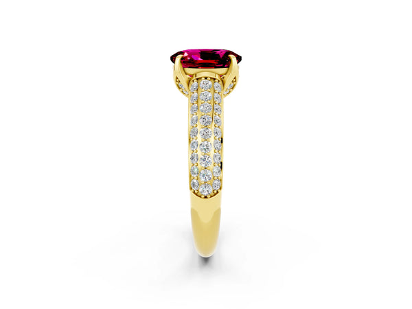 Yellow gold Oval Cut Garnet Solitaire Ring with Three-Row Pavé Band and Four-Prong Setting