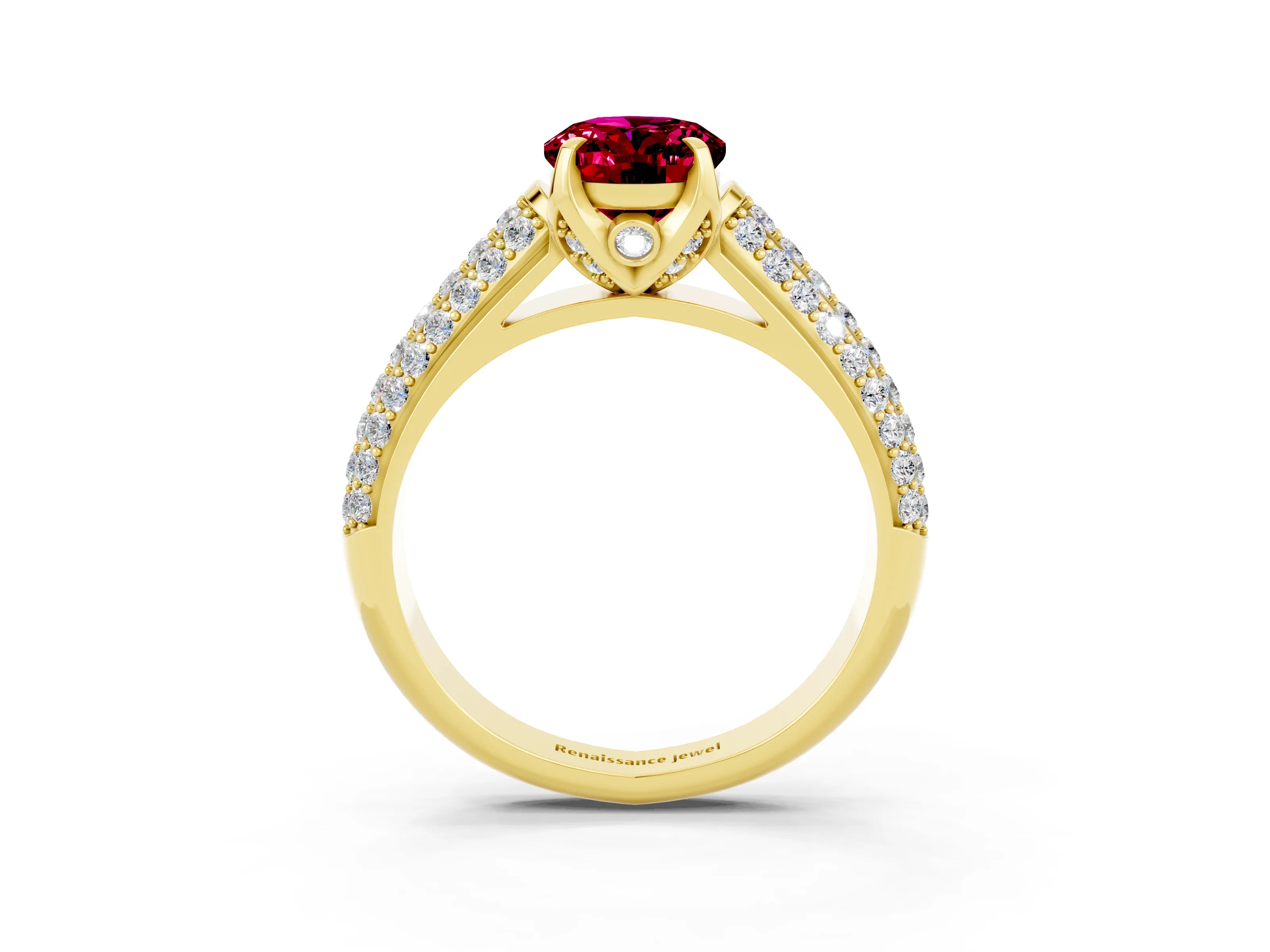Yellow gold Oval Cut Garnet Solitaire Ring with Three-Row Pavé Band and Four-Prong Setting_15
