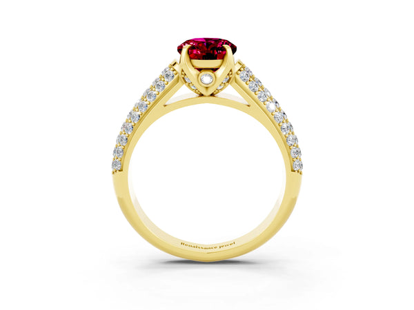 Yellow gold Oval Cut Garnet Solitaire Ring with Three-Row Pavé Band and Four-Prong Setting