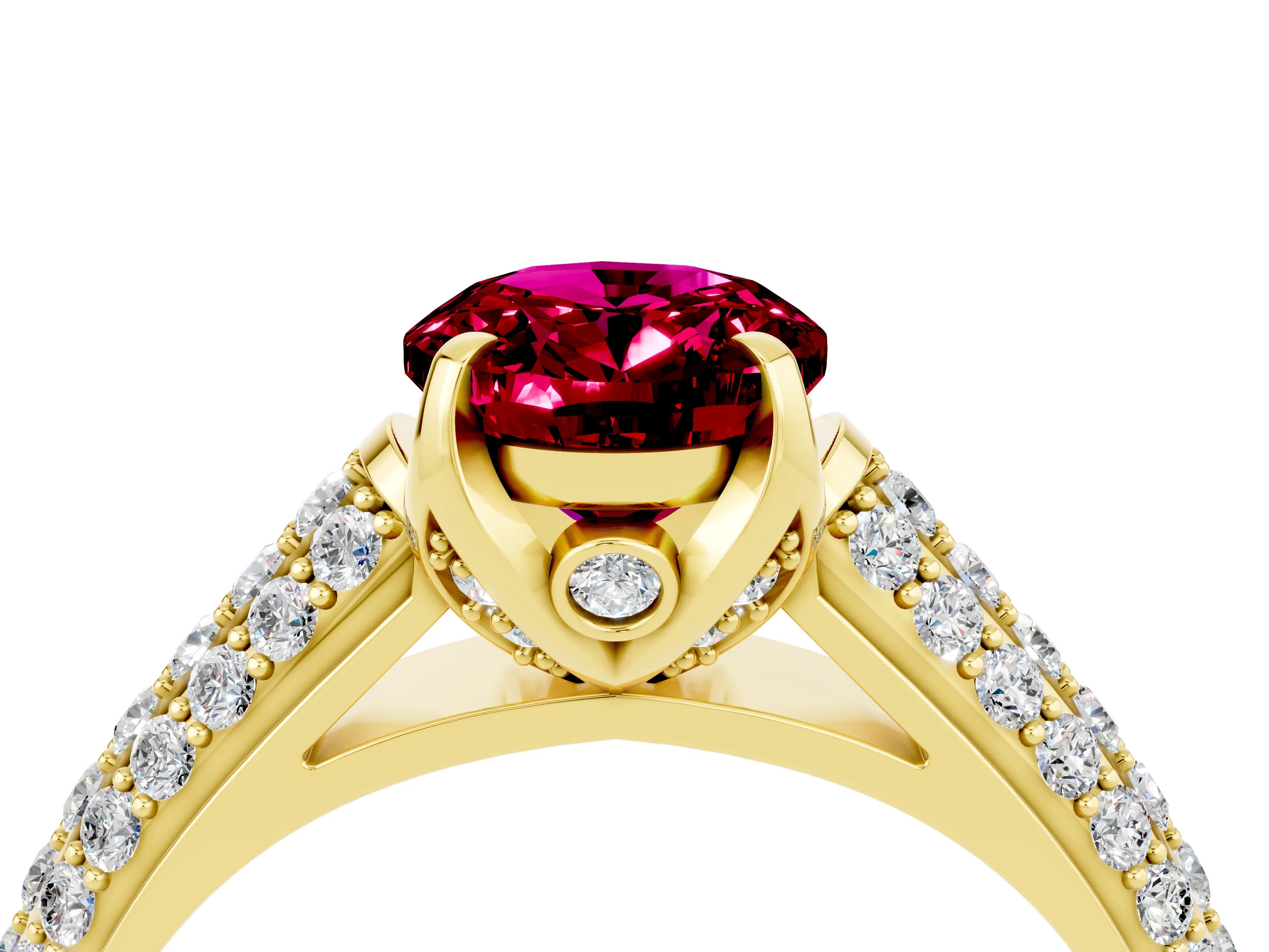 Yellow gold Oval Cut Garnet Solitaire Ring with Three-Row Pavé Band and Four-Prong Setting_16