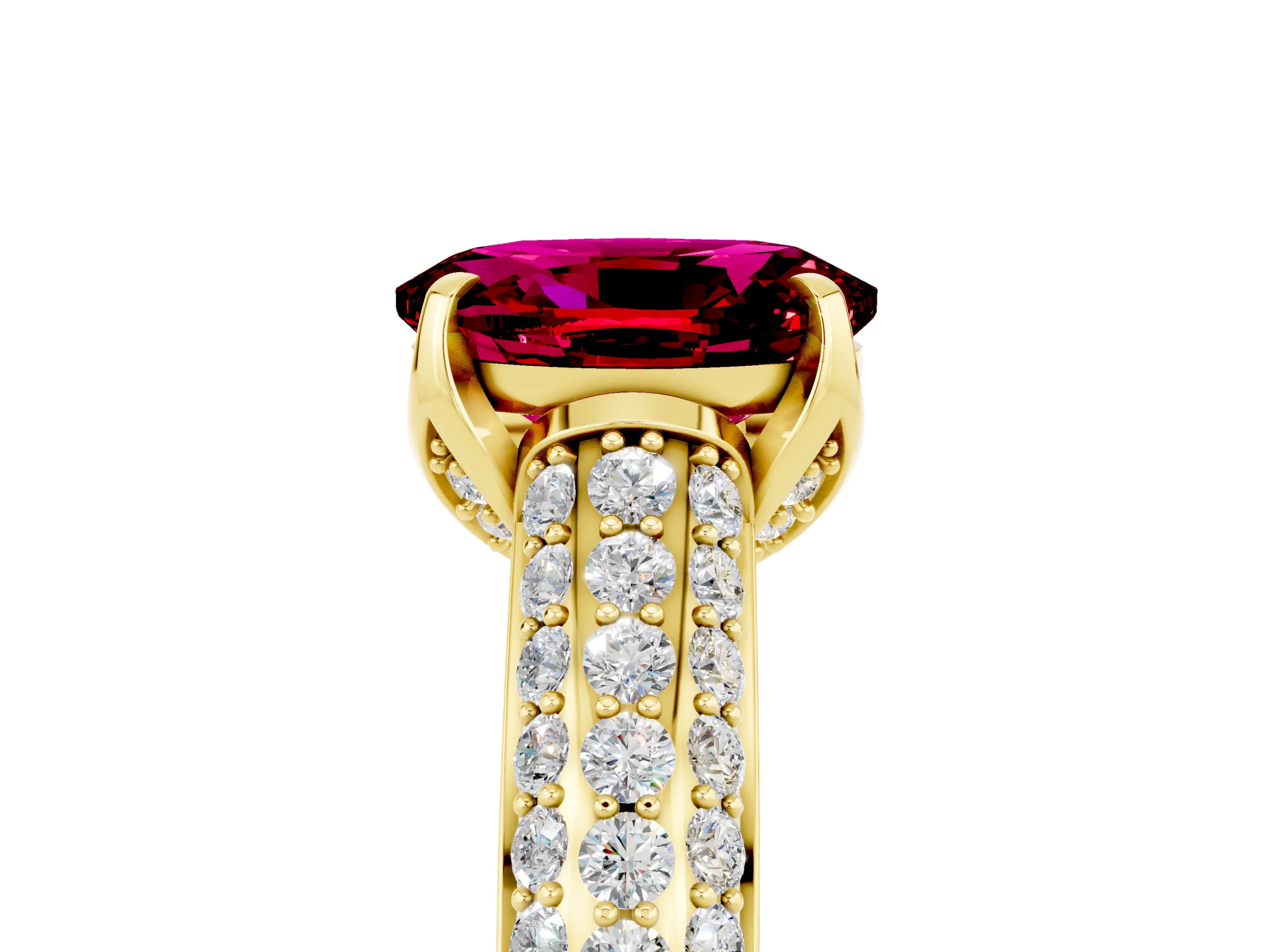 Yellow gold Oval Cut Garnet Solitaire Ring with Three-Row Pavé Band and Four-Prong Setting_17