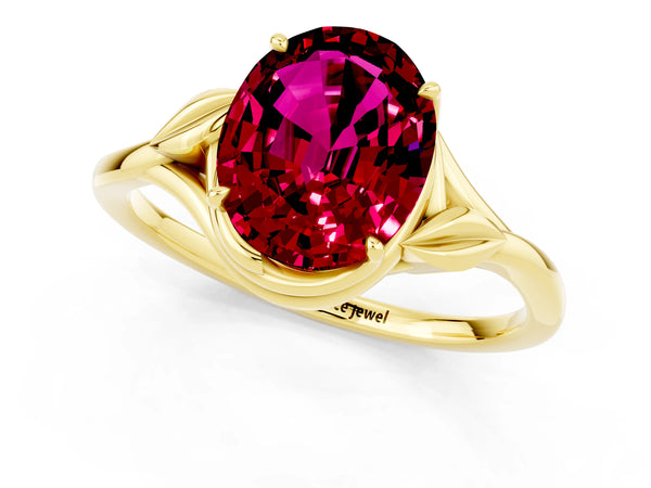Yellow gold Oval Cut Garnet Solitaire Ring with Twist Band and Four-Prong Setting