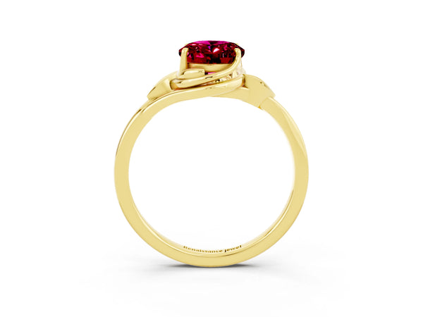 Yellow gold Oval Cut Garnet Solitaire Ring with Twist Band and Four-Prong Setting
