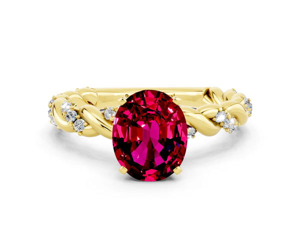 Yellow gold Oval Cut Garnet Solitaire Ring with Twisted Band and Pavé Accents