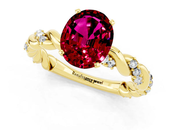 Yellow gold Oval Cut Garnet Solitaire Ring with Twisted Band and Pavé Accents