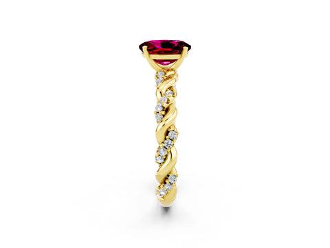 Yellow gold Oval Cut Garnet Solitaire Ring with Twisted Band and Pavé Accents_2