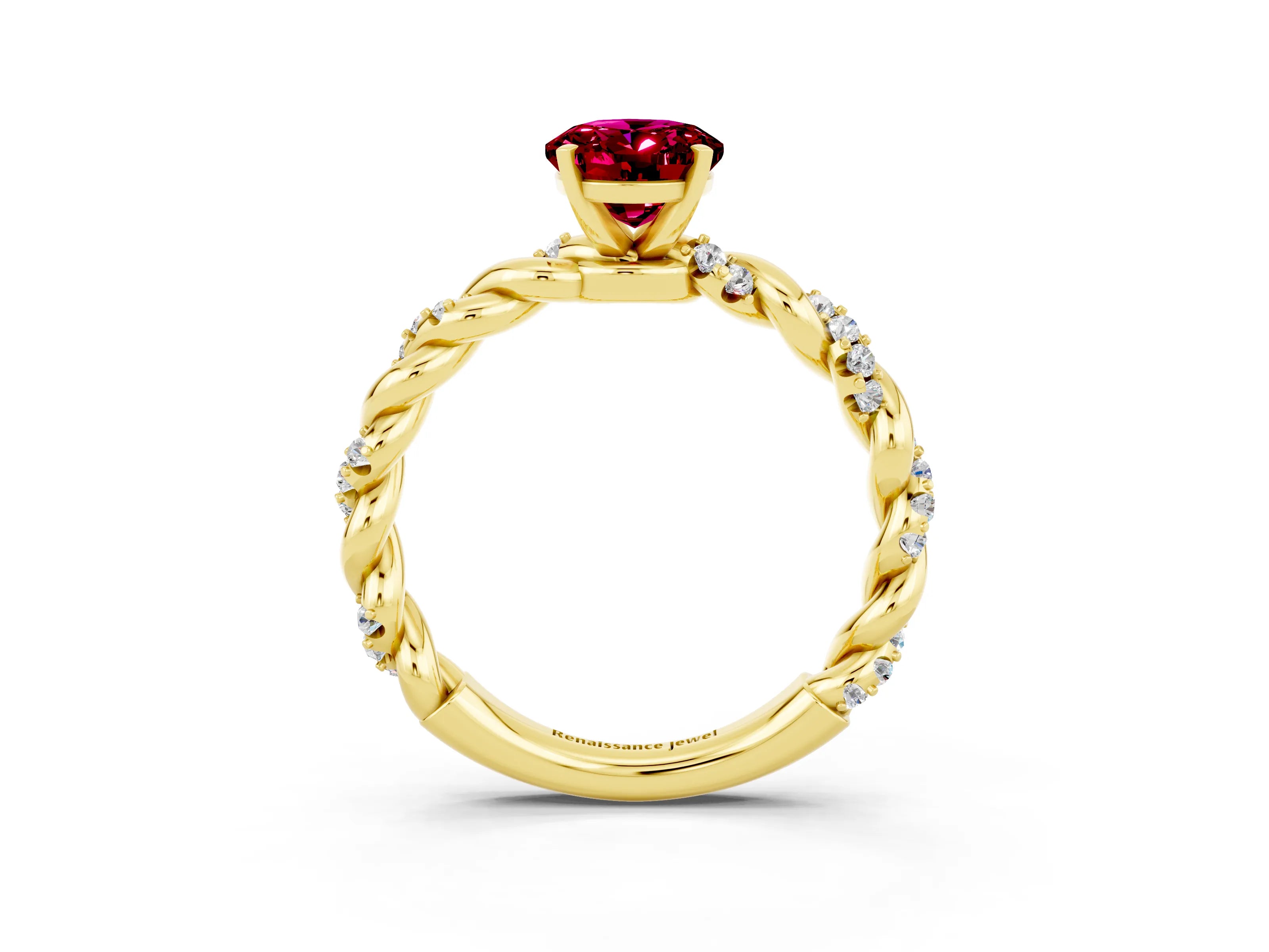 Yellow gold Oval Cut Garnet Solitaire Ring with Twisted Band and Pavé Accents_3