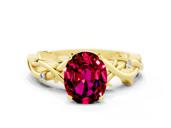 Yellow gold Oval Cut Garnet Solitaire Ring with Twisted Band and Prong Setting