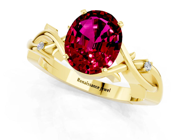 Yellow gold Oval Cut Garnet Solitaire Ring with Twisted Band and Prong Setting