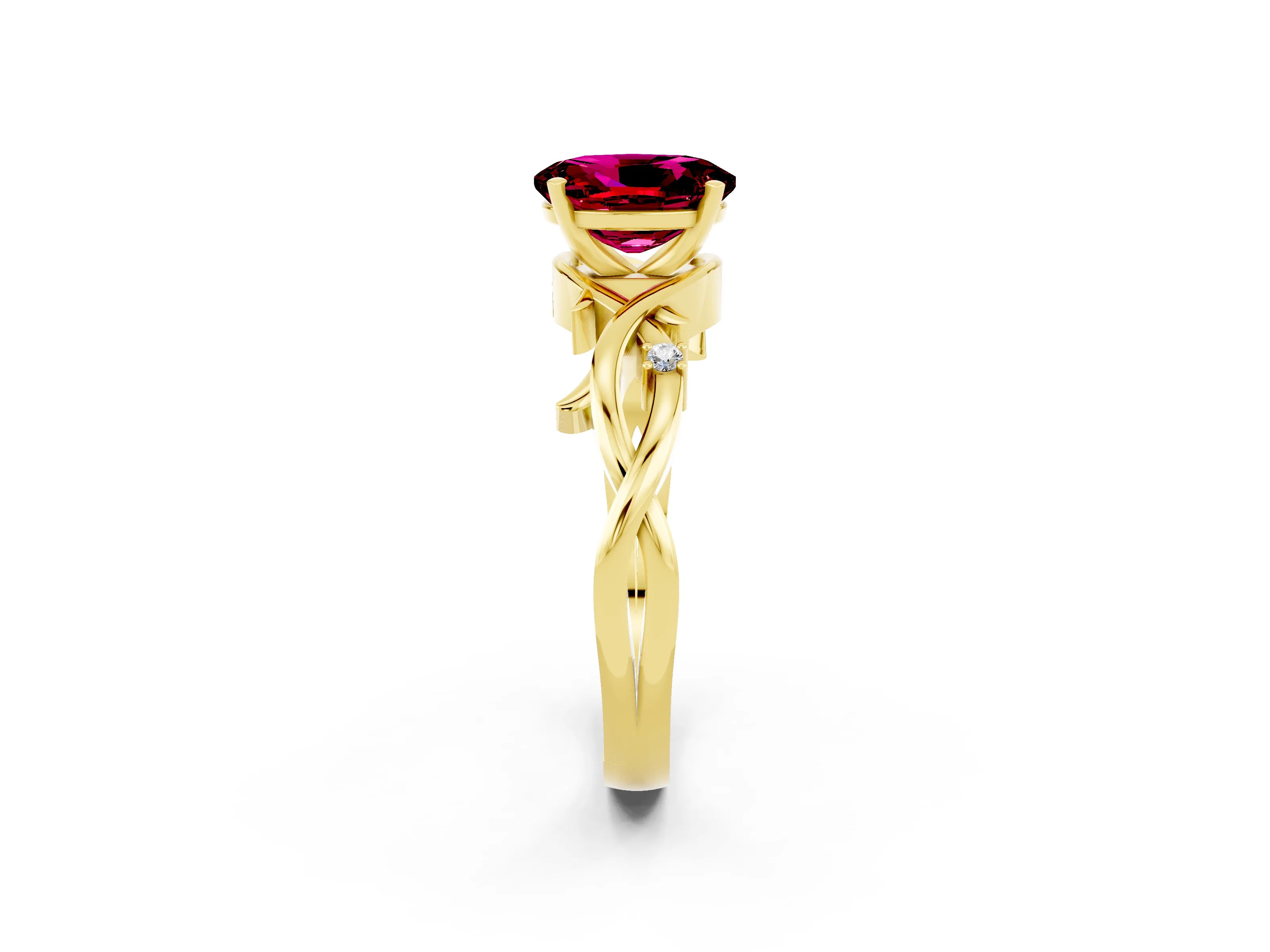 Yellow gold Oval Cut Garnet Solitaire Ring with Twisted Band and Prong Setting_2