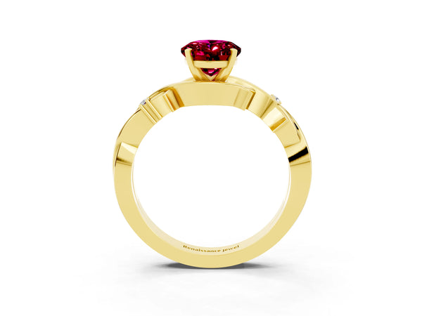 Yellow gold Oval Cut Garnet Solitaire Ring with Twisted Band and Prong Setting