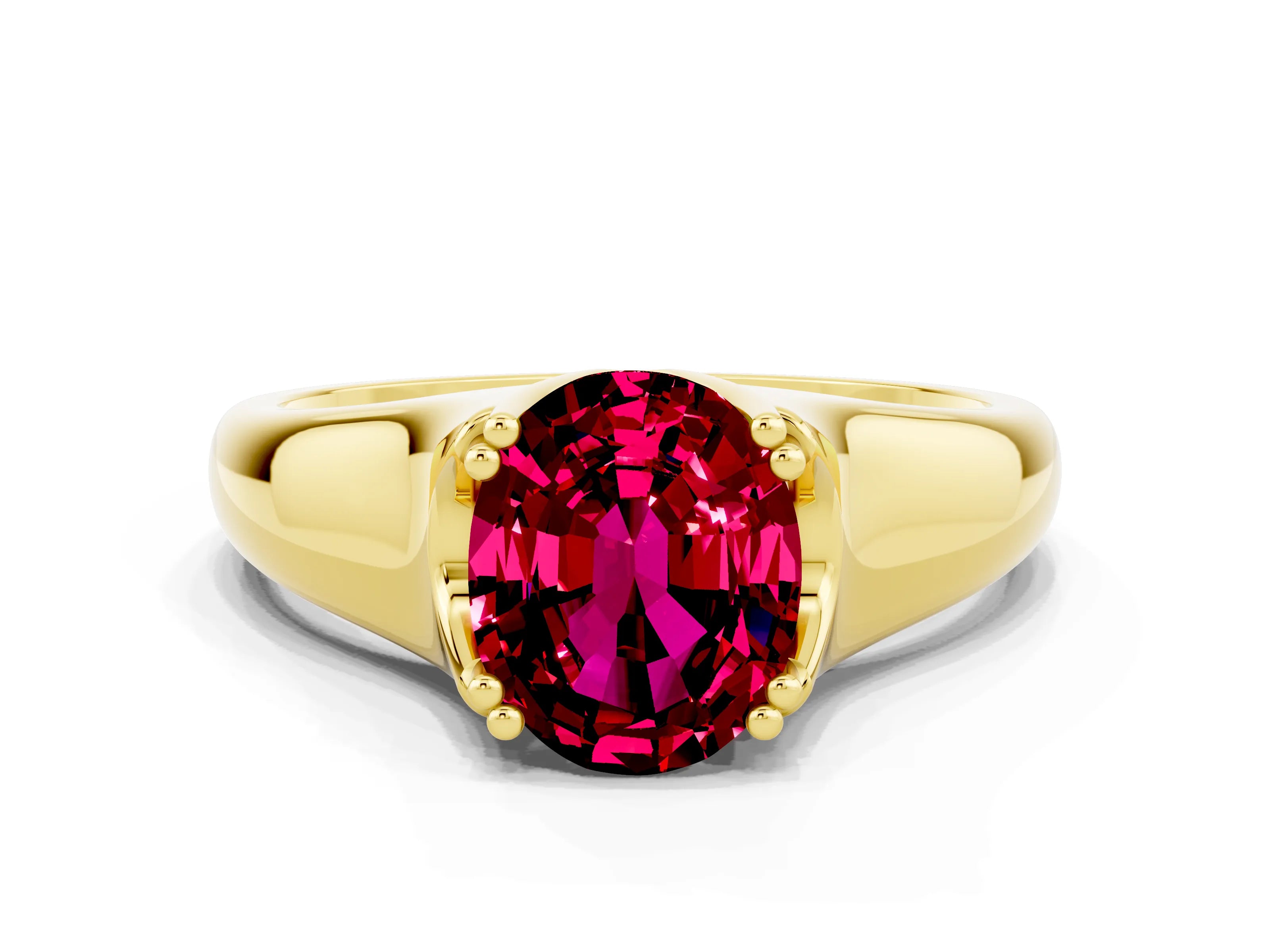 Yellow gold Oval Cut Garnet Solitaire Ring with Wide Band and Prong Setting