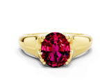 Yellow gold Oval Cut Garnet Solitaire Ring with Wide Band and Prong Setting