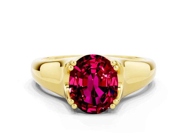 Yellow gold Oval Cut Garnet Solitaire Ring with Wide Band and Prong Setting