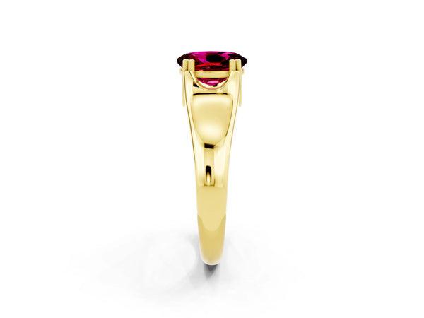Yellow gold Oval Cut Garnet Solitaire Ring with Wide Band and Prong Setting