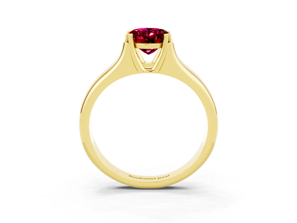 Yellow gold Oval Cut Garnet Solitaire Ring with Wide Band and Prong Setting