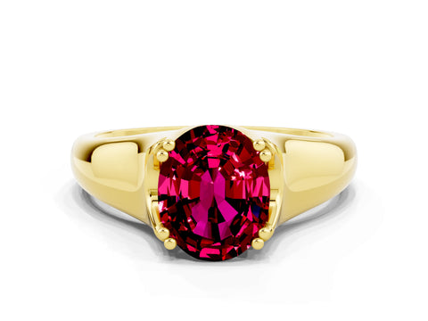 Yellow gold Oval Cut Garnet Solitaire Ring with Wide Band and Prong Setting