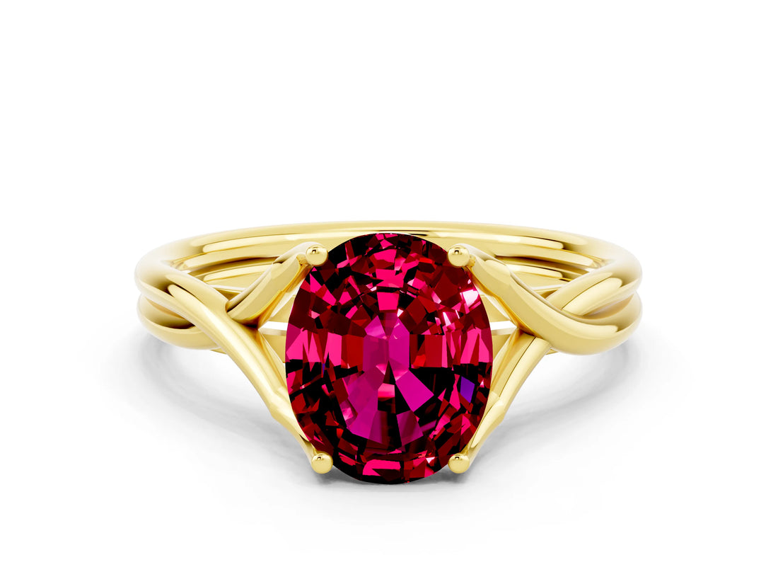 Yellow gold Oval Cut Garnet Solitaire Twist Band Prong Setting Ring_36
