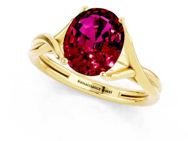 Yellow gold Oval Cut Garnet Solitaire Twist Band Prong Setting Ring