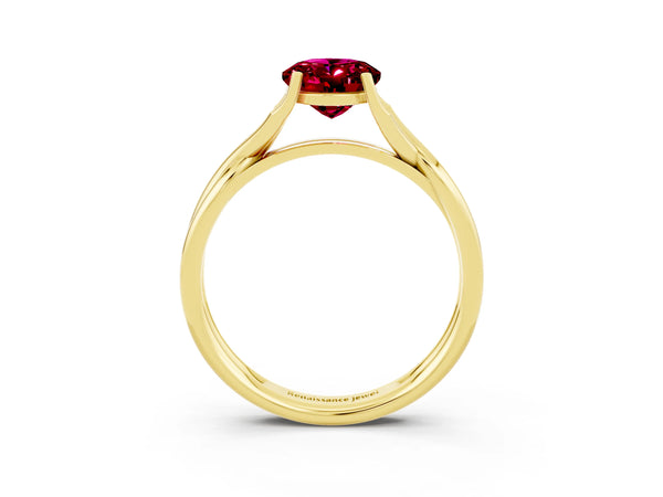 Yellow gold Oval Cut Garnet Solitaire Twist Band Prong Setting Ring