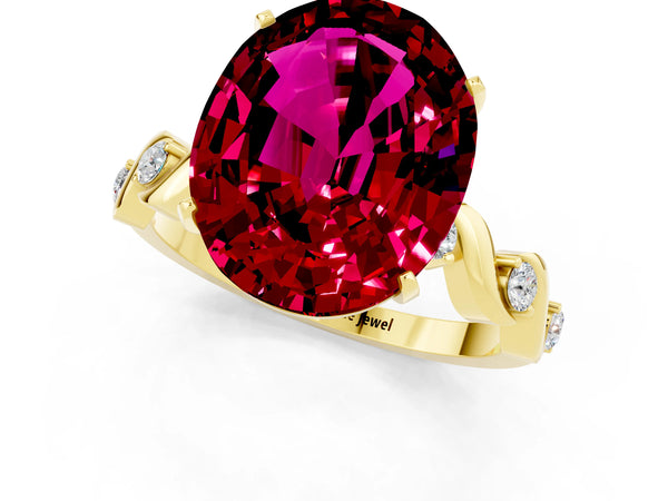 Yellow gold Oval Cut Garnet Solitaire Twisted Band with Round  Accents and Prong Setting