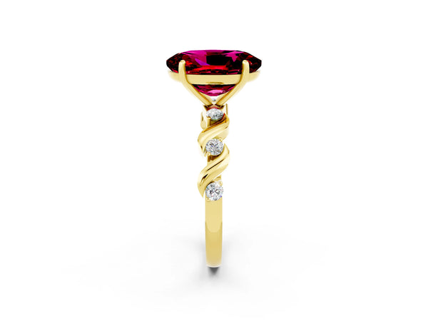 Yellow gold Oval Cut Garnet Solitaire Twisted Band with Round  Accents and Prong Setting