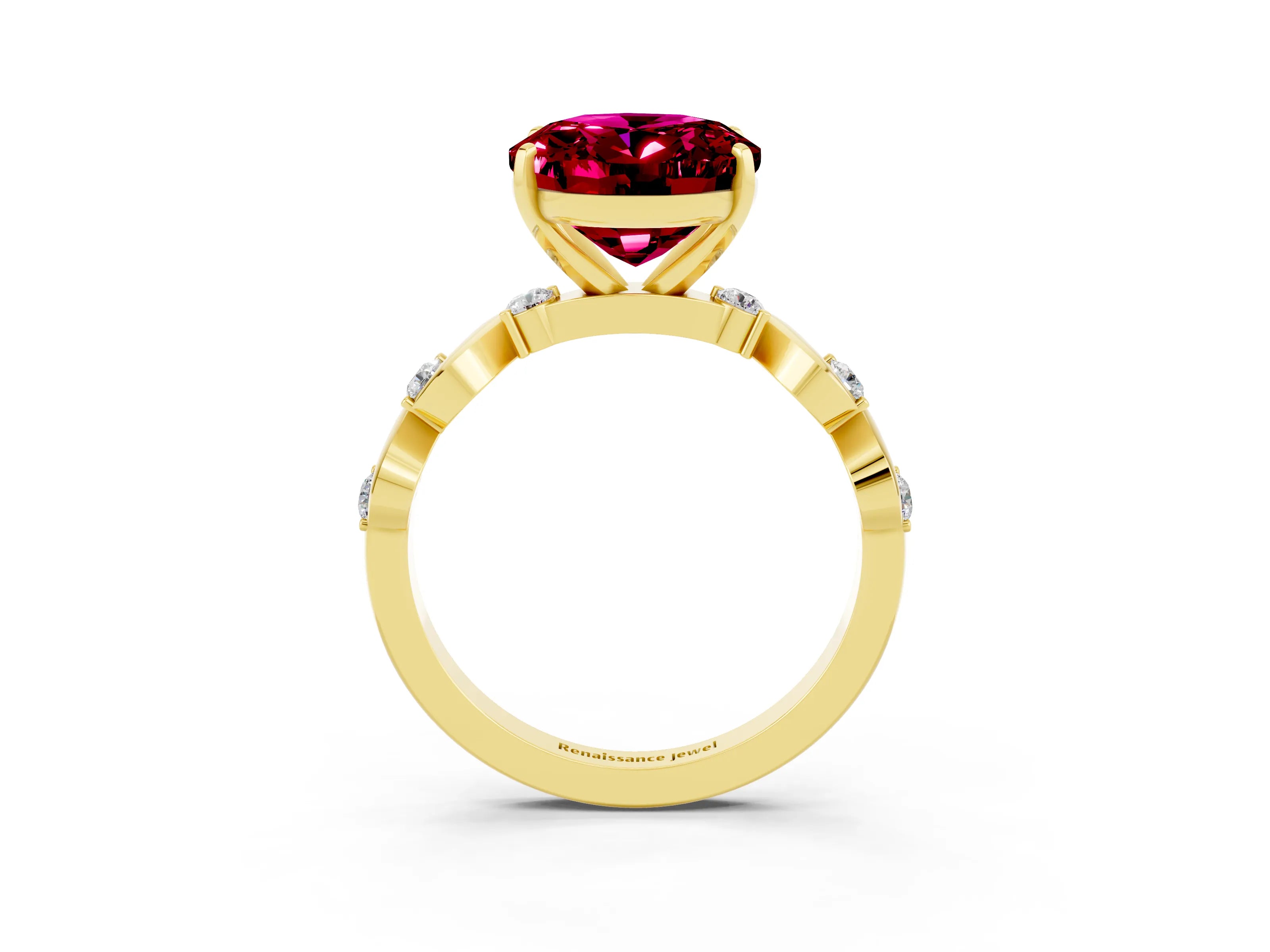 Yellow gold Oval Cut Garnet Solitaire Twisted Band with Round  Accents and Prong Setting_15