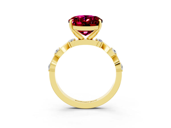 Yellow gold Oval Cut Garnet Solitaire Twisted Band with Round  Accents and Prong Setting