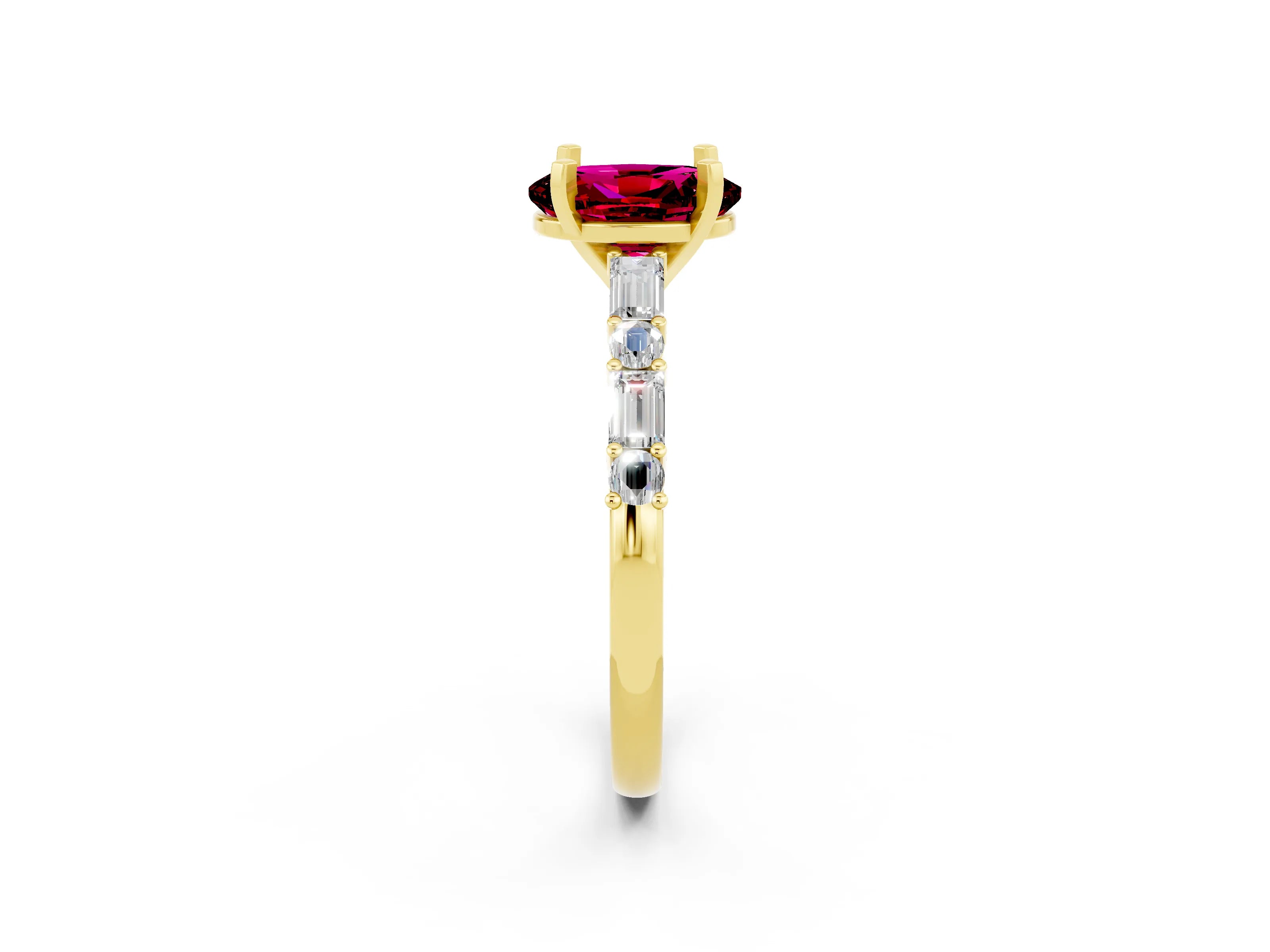 Yellow gold Oval Cut Garnet Solitaire with Side Baguettes and Channel Set Band_2
