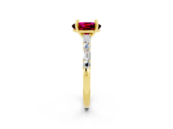 Yellow gold Oval Cut Garnet Solitaire with Side Baguettes and Channel Set Band