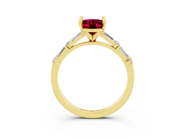 Yellow gold Oval Cut Garnet Solitaire with Side Baguettes and Channel Set Band