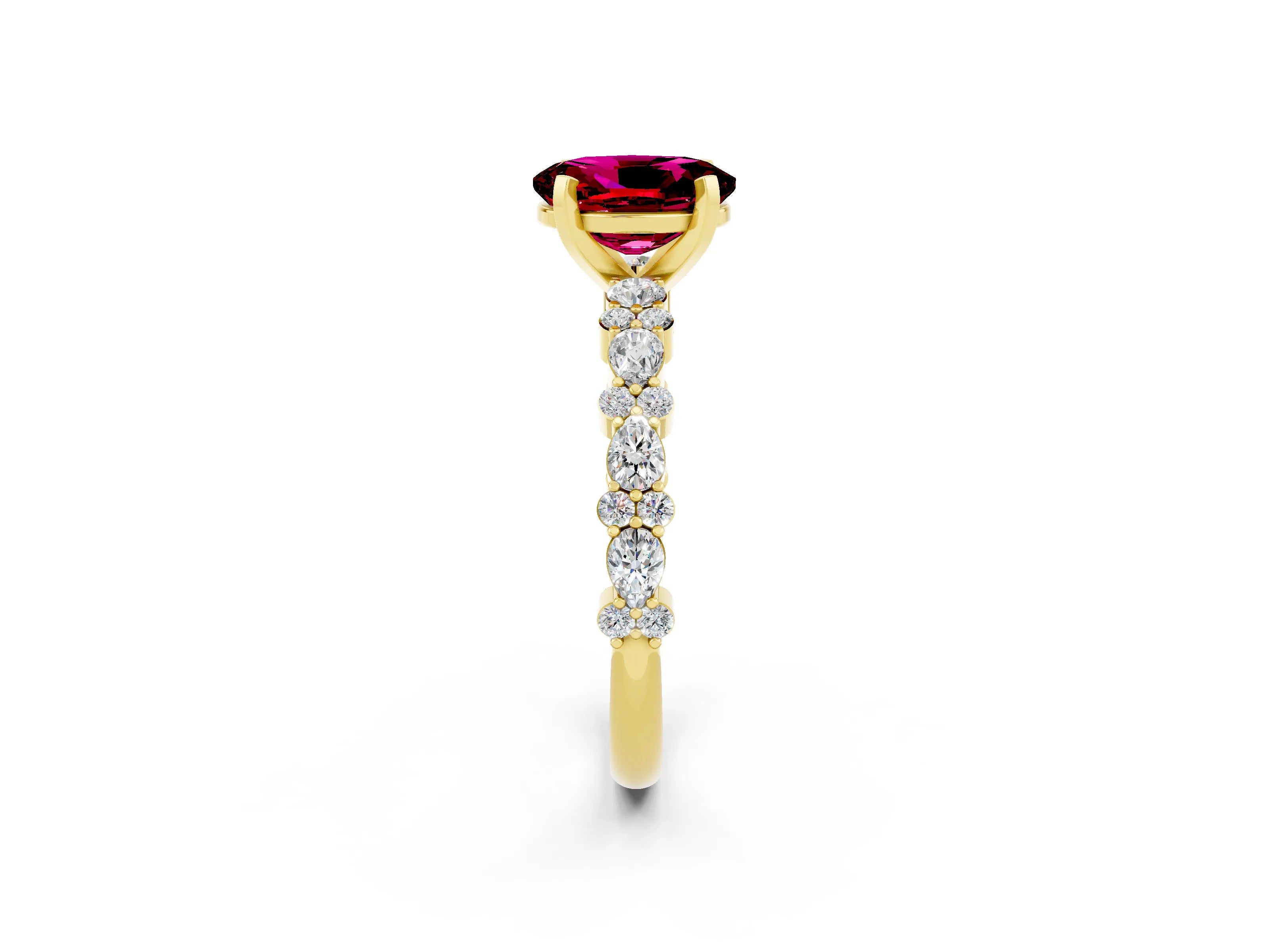 Yellow gold Oval Cut Garnet Solitaire with Side Stones, Pave Band, Four-Prong Setting_26