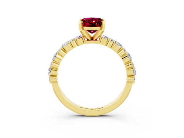 Yellow gold Oval Cut Garnet Side Stone Solitaire Ring with Round  and Four-Prong Setting