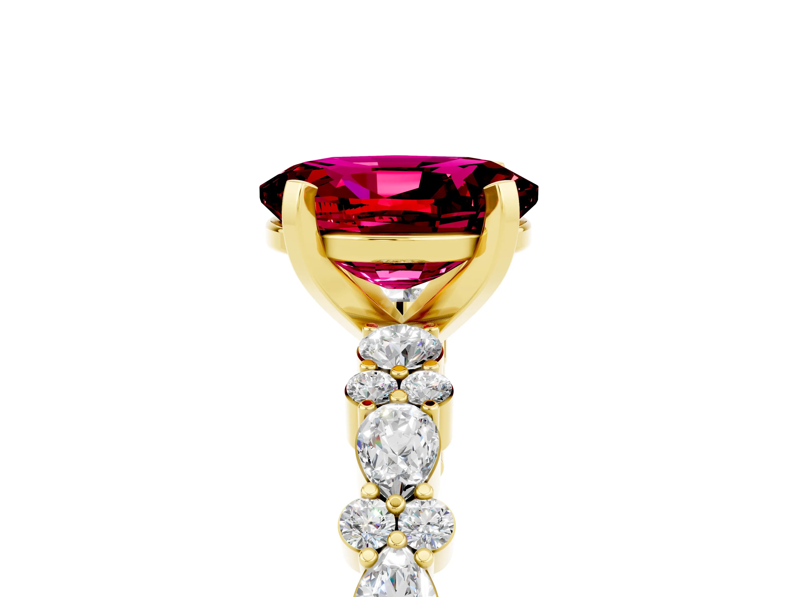 Yellow gold Oval Cut Garnet Solitaire with Side Stones, Pave Band, Four-Prong Setting_29