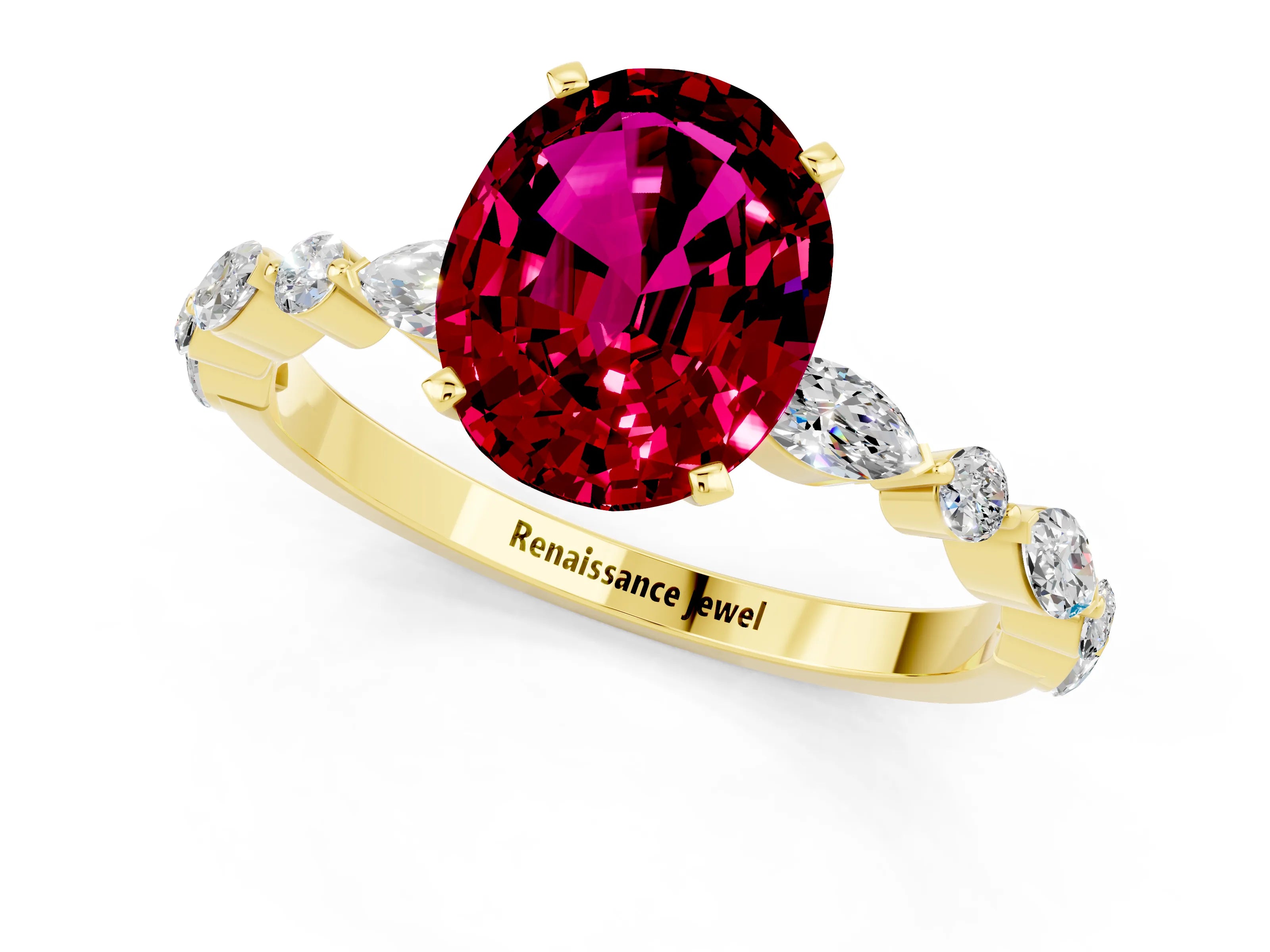 Yellow gold Oval Cut Garnet Solitaire with Side Stones on a Pavé Band and Four-Prong Setting_1
