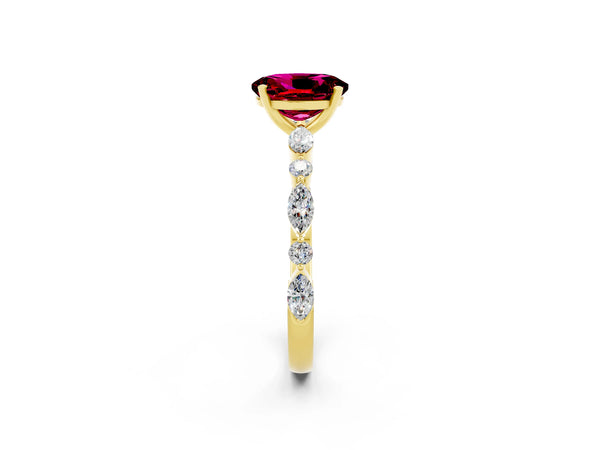 Yellow gold Oval Cut Garnet Ring with Marquise and Round  Side Stones and Four-Prong Setting