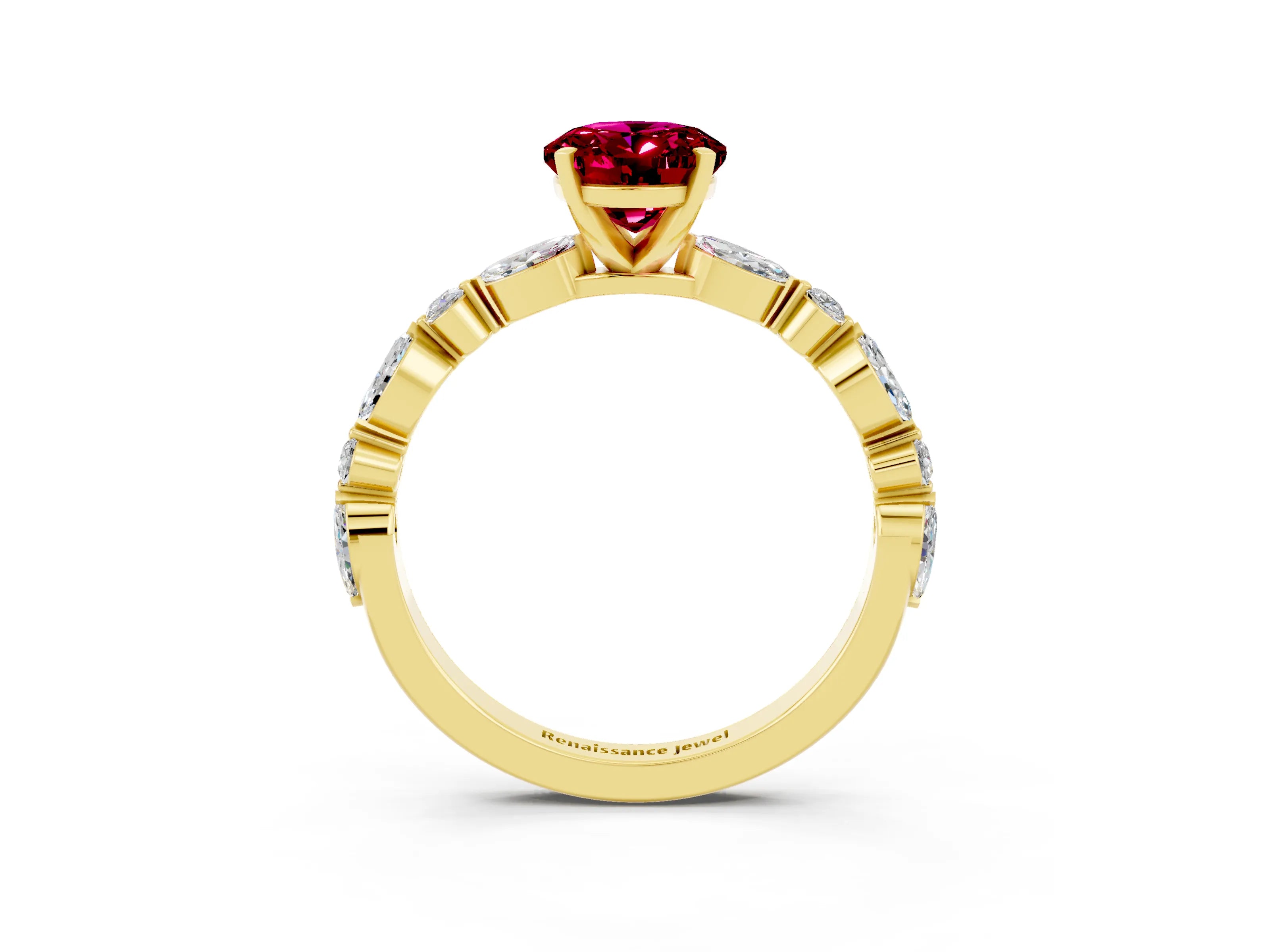 Yellow gold Oval Cut Garnet Solitaire with Side Stones on a Pavé Band and Four-Prong Setting_3