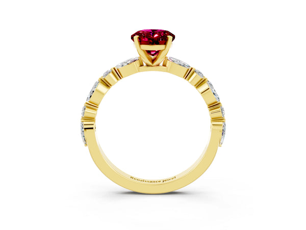 Yellow gold Oval Cut Garnet Ring with Marquise and Round  Side Stones and Four-Prong Setting