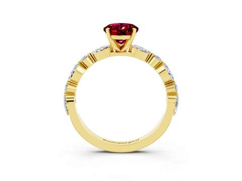 Yellow gold Oval Cut Garnet Solitaire with Side Stones on a Pavé Band and Four-Prong Setting_3