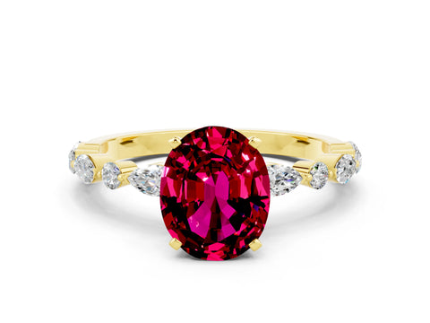 Yellow gold Oval Cut Garnet Solitaire with Side Stones on a Pavé Band and Four-Prong Setting