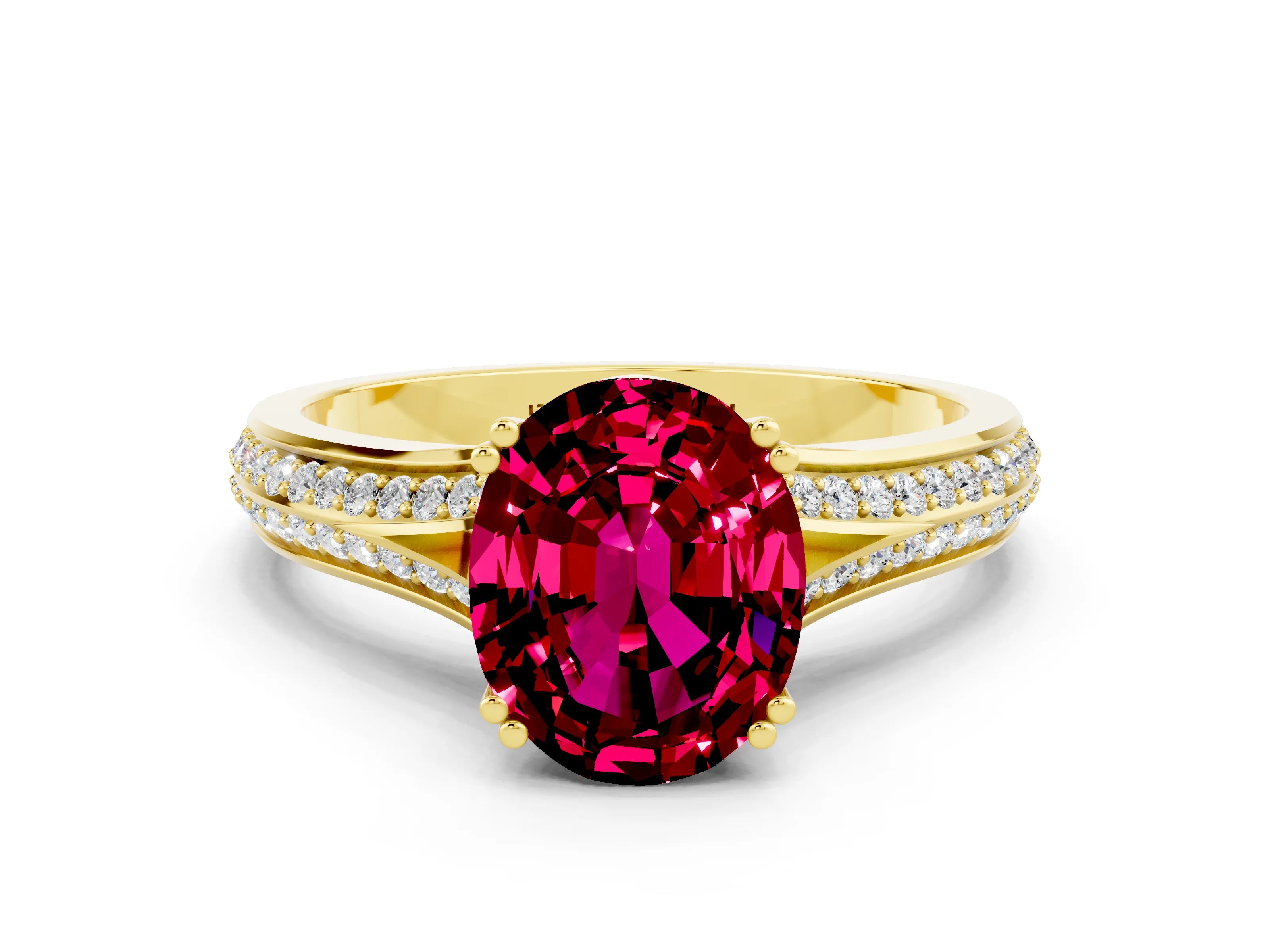 Yellow gold Oval Cut Garnet Split Shank Engagement Ring with Pavé Band